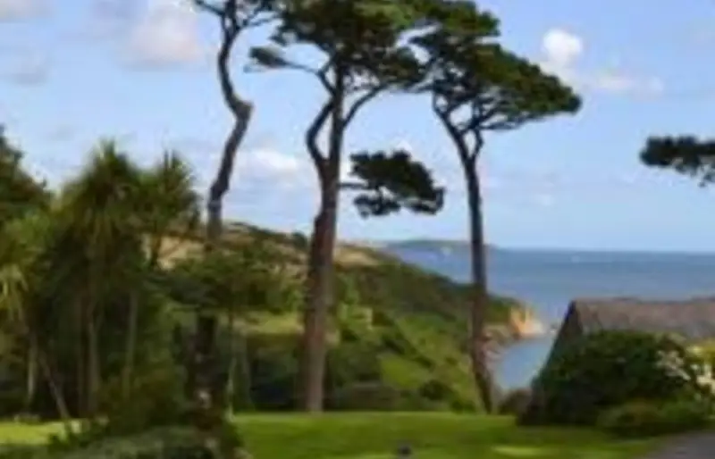 Sea view across the Maenporth Estate gardens to the bay